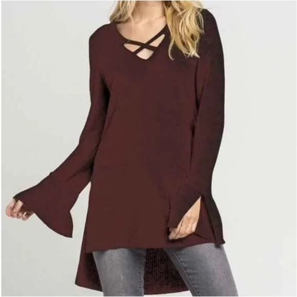 Free People Sweaters - Free People Angi Tunic Sweater Dark Brown Crisscross Neck Slits Knit Boho S